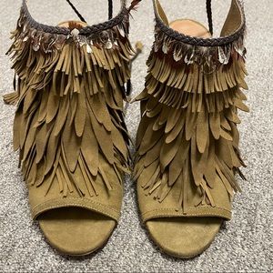 Aquazzura Pocahontas Suede and Feather Heels Sz 40